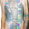 Summer Musical Festival Rave Wear Clothes Outfits Gear Sexy Silver Holographic Lace Up Bodysuit Hologram Women Jumpsuit