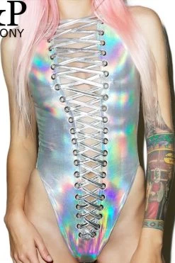 Summer Musical Festival Rave Wear Clothes Outfits Gear Sexy Silver Holographic Lace Up Bodysuit Hologram Women Jumpsuit