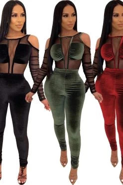 Women Velvet Mesh Patchwork Elegant Jumpsuit