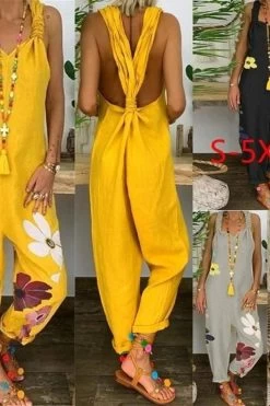 Women Loose Casual Wide Leg Pants One Piece Plus Size Linen Jumpsuit