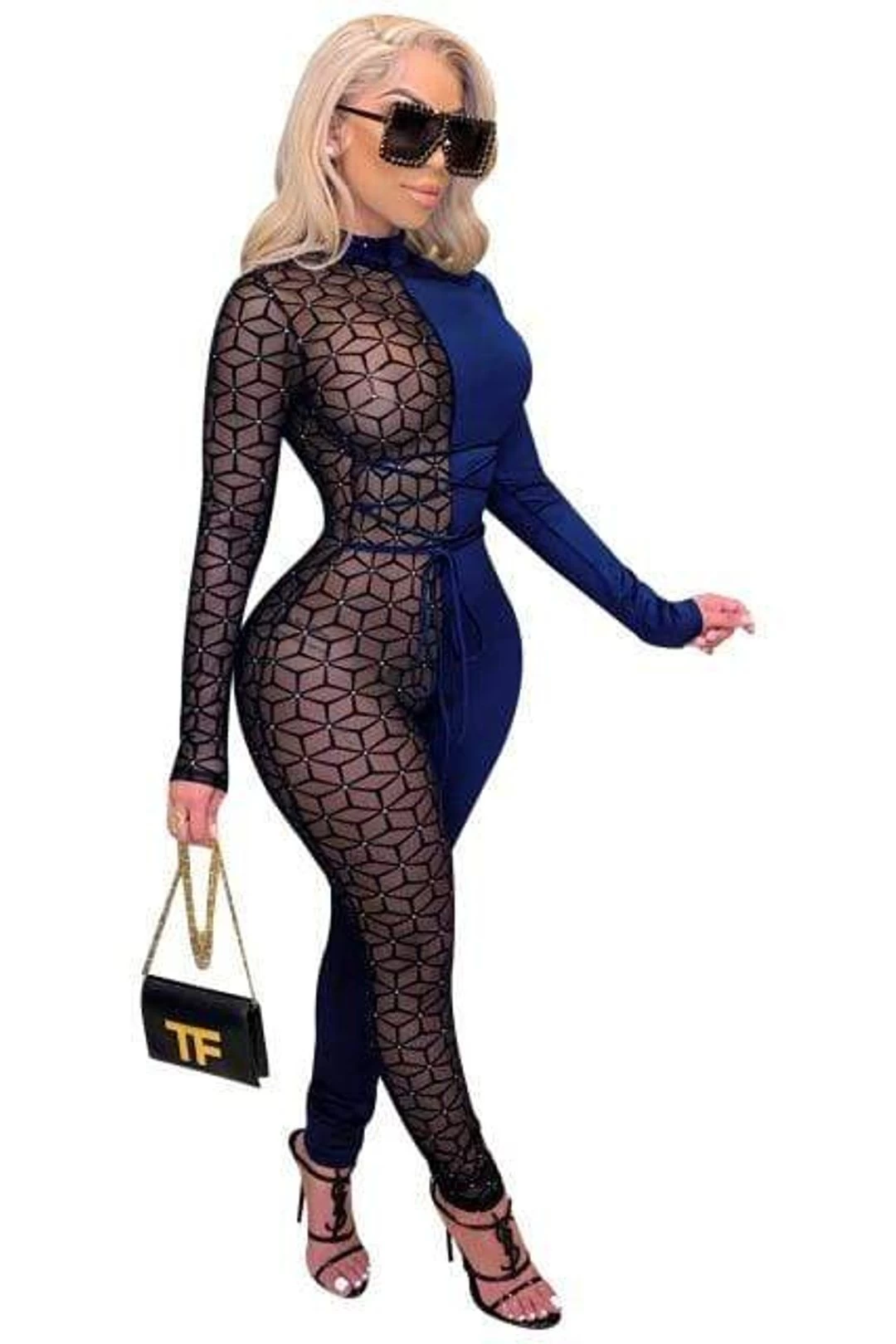 Mesh Patchwork Women Jumpsuit Turtleneck 4 Mesh Patchwork Women Jumpsuit Turtleneck - Image 2
