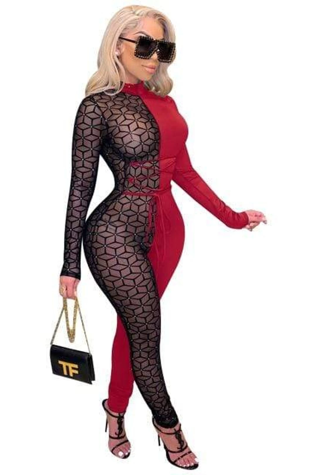 Mesh Patchwork Women Jumpsuit Turtleneck 5 Mesh Patchwork Women Jumpsuit Turtleneck - Image 3