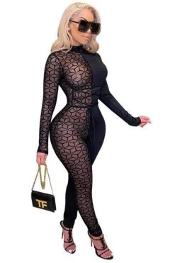Mesh Patchwork Women Jumpsuit Turtleneck