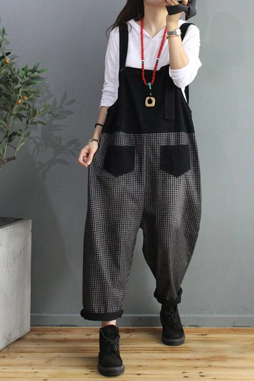 Denim Cotton Women Plaid Stitching Overalls Dungarees Jumpsuit 5 Denim Cotton Women Plaid Stitching Overalls Dungarees Jumpsuit - Image 3