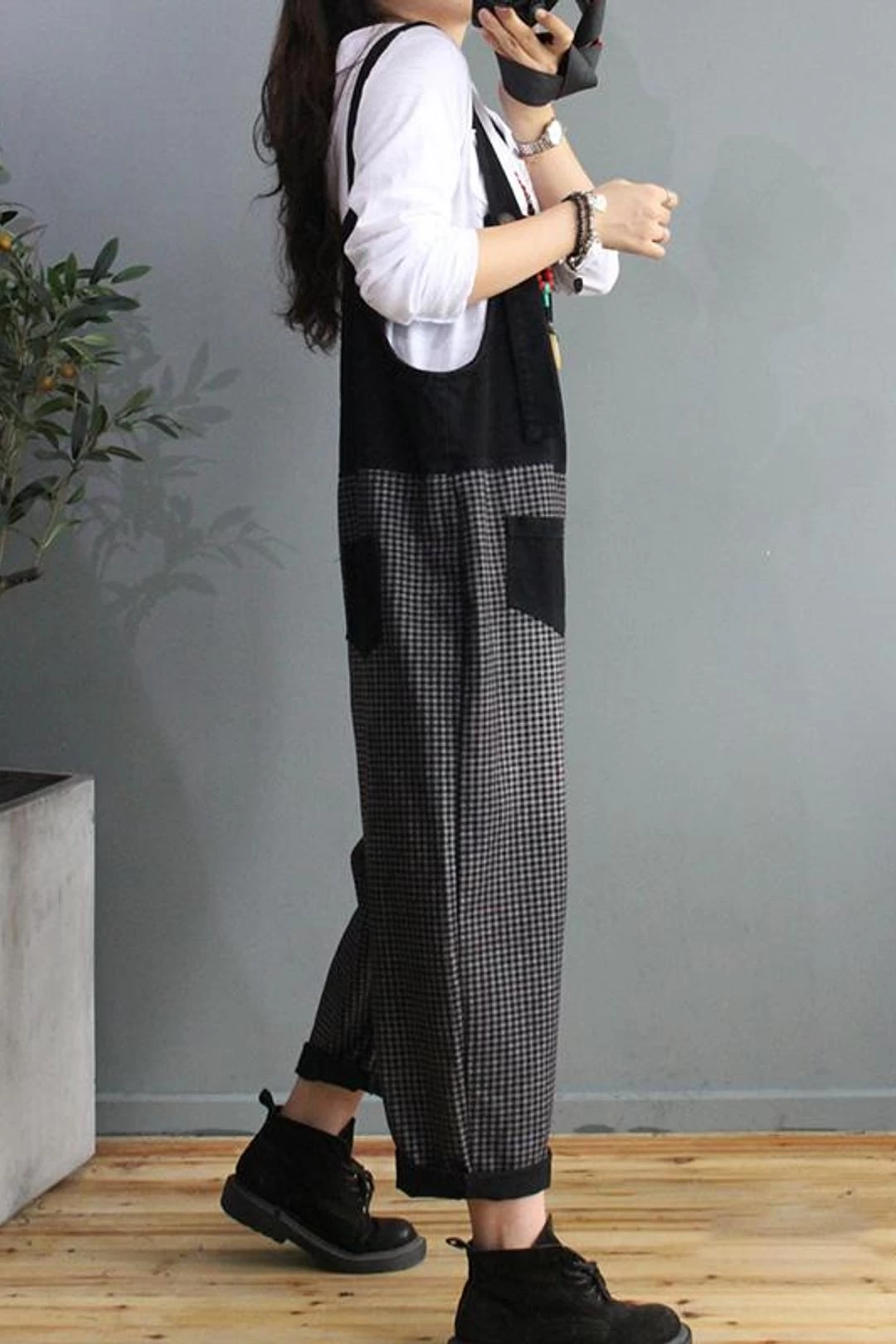 Denim Cotton Women Plaid Stitching Overalls Dungarees Jumpsuit 6 Denim Cotton Women Plaid Stitching Overalls Dungarees Jumpsuit - Image 4