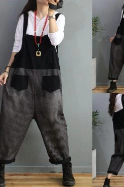 Denim Cotton Women Plaid Stitching Overalls Dungarees Jumpsuit