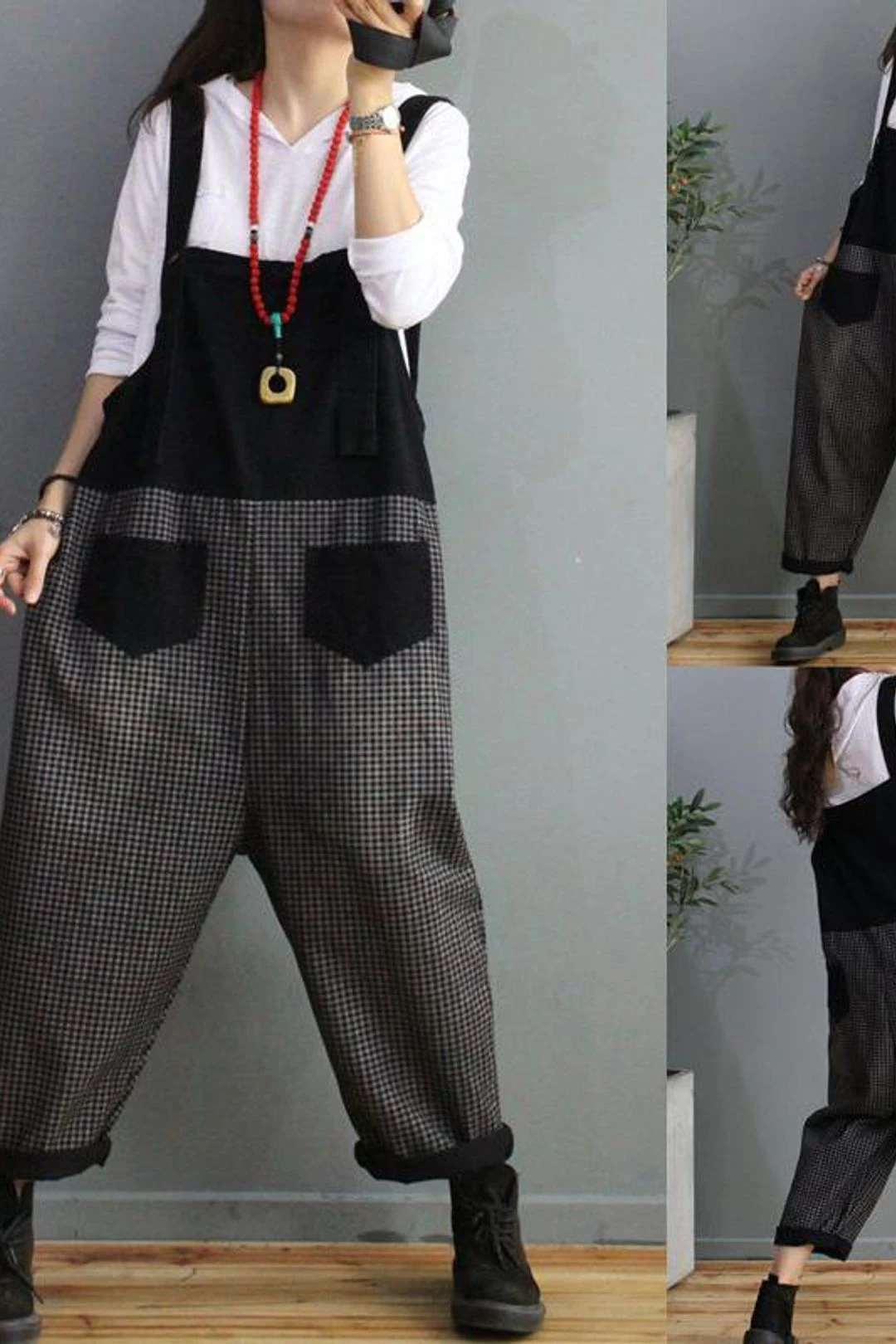 Denim Cotton Women Plaid Stitching Overalls Dungarees Jumpsuit 3 Denim Cotton Women Plaid Stitching Overalls Dungarees Jumpsuit