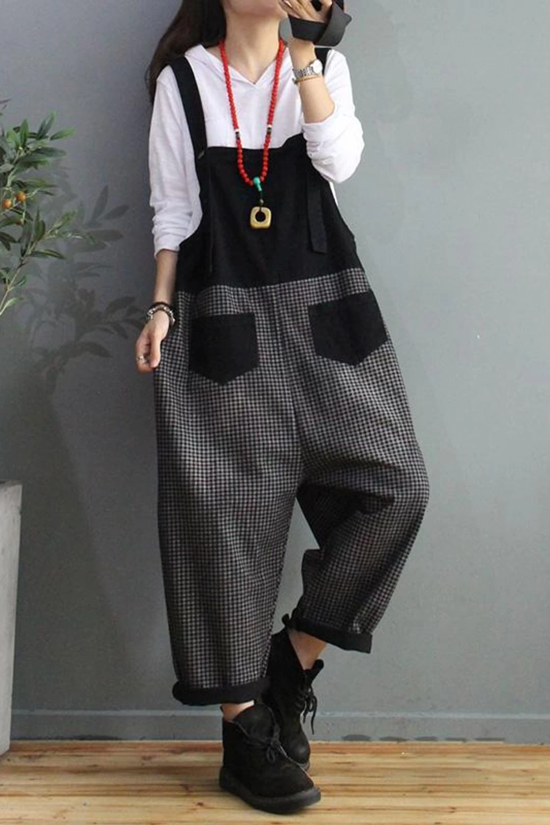 Denim Cotton Women Plaid Stitching Overalls Dungarees Jumpsuit 4 Denim Cotton Women Plaid Stitching Overalls Dungarees Jumpsuit - Image 2