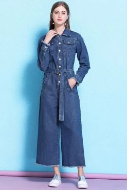 Women Long Sleeve Loose Long Pants Denim Jumpsuit