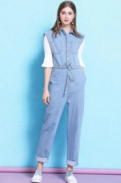 Women Sleeveless Long Pants Denim Jumpsuit