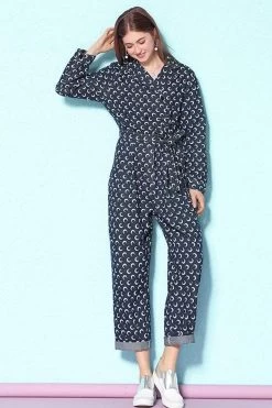 Women Long Sleeve Long Pants Double-Breasted Letter Print Denim Jumpsuit