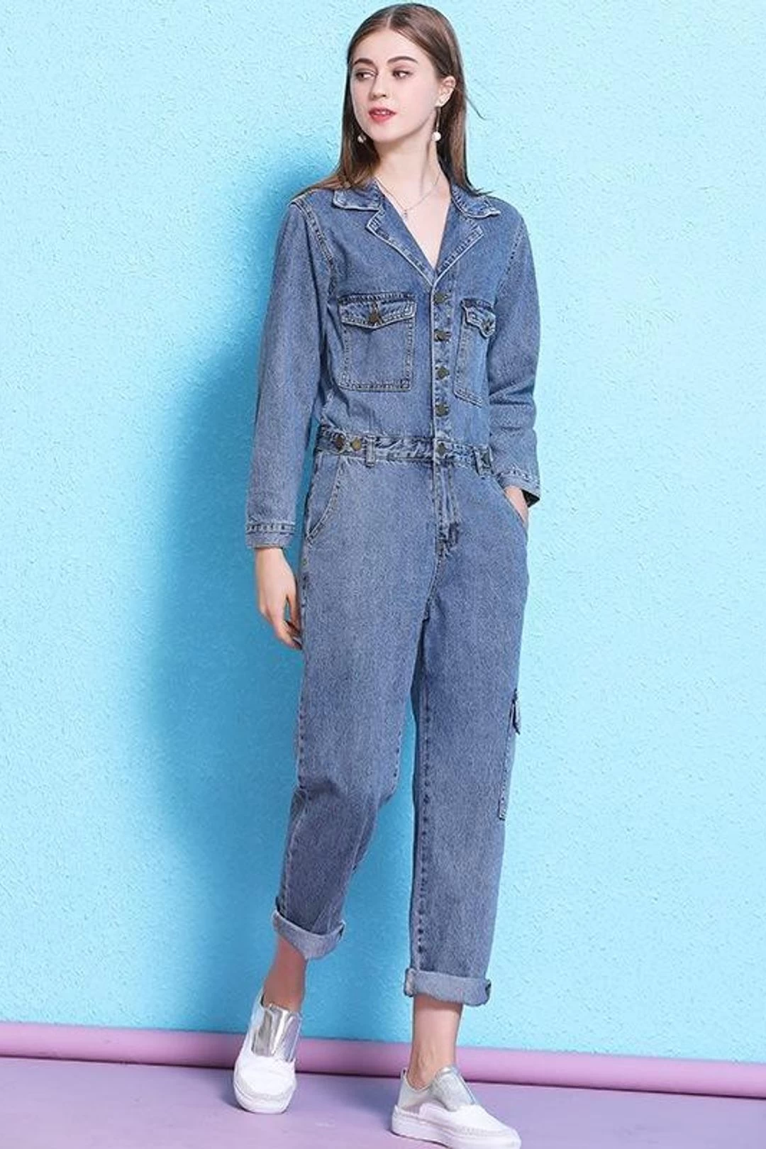 Women Casual Retro Loose One Piece Coverall Long Pants Denim Jumpsuits 4 Women Casual Retro Loose One Piece Coverall Long Pants Denim Jumpsuits - Image 2
