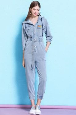 Women Casual Retro Loose One Piece Coverall Long Pants Hoodie Denim Jumpsuits -Women's clothing 17168612196509 3