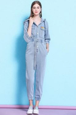 Women Casual Retro Loose One Piece Coverall Long Pants Hoodie Denim Jumpsuits -Women's clothing 17168612393117 5