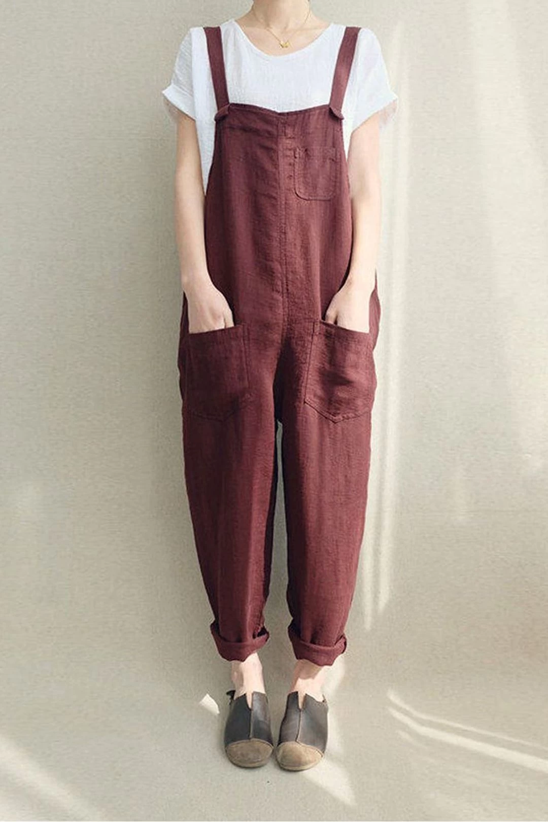 Women Casual Linen Jumpsuits Overalls Pants With Pockets Vintage Linen Harem Pants 5 Women Casual Linen Jumpsuits Overalls Pants With Pockets Vintage Linen Harem Pants - Image 3