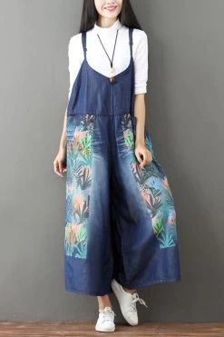 Vintage Floral Printed Casual Loose Denim Overalls Jumpsuits For Women Q6516