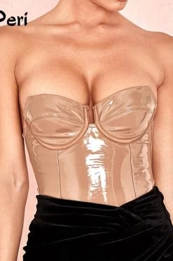 JillPeri Women Sexy Strapless PU Leather Bodysuit Solid Patent Vinyl Bodysuit Daily Outfit Skinny Rompers Club Wear Jumpsuit