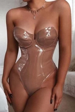 JillPeri Women Sexy Strapless PU Leather Bodysuit Solid Patent Vinyl Bodysuit Daily Outfit Skinny Rompers Club Wear Jumpsuit -Women's clothing 22933635498166 4