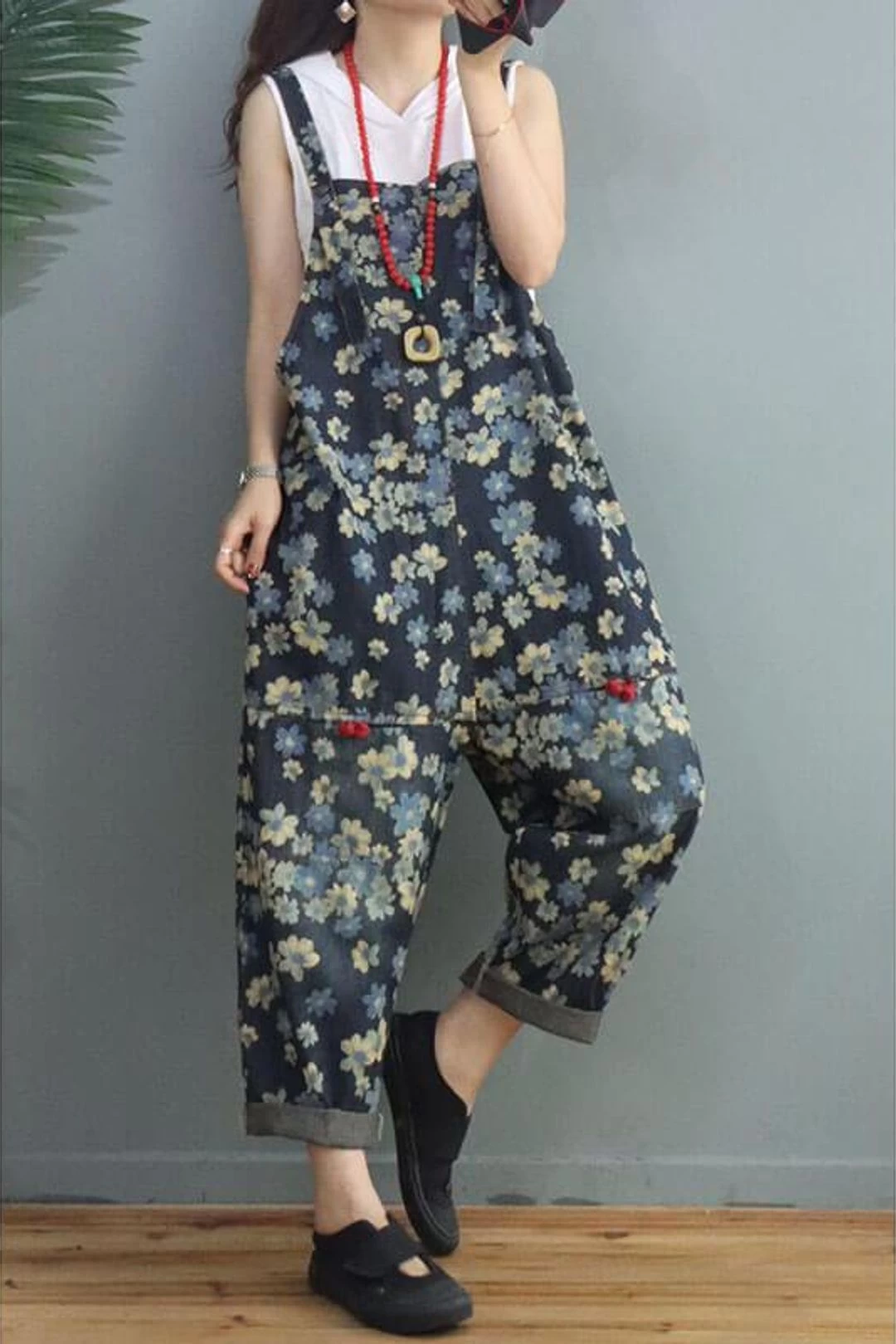 Women Denim Floral Print Pocket Jumpsuits Dungarees 4 Women Denim Floral Print Pocket Jumpsuits Dungarees - Image 2