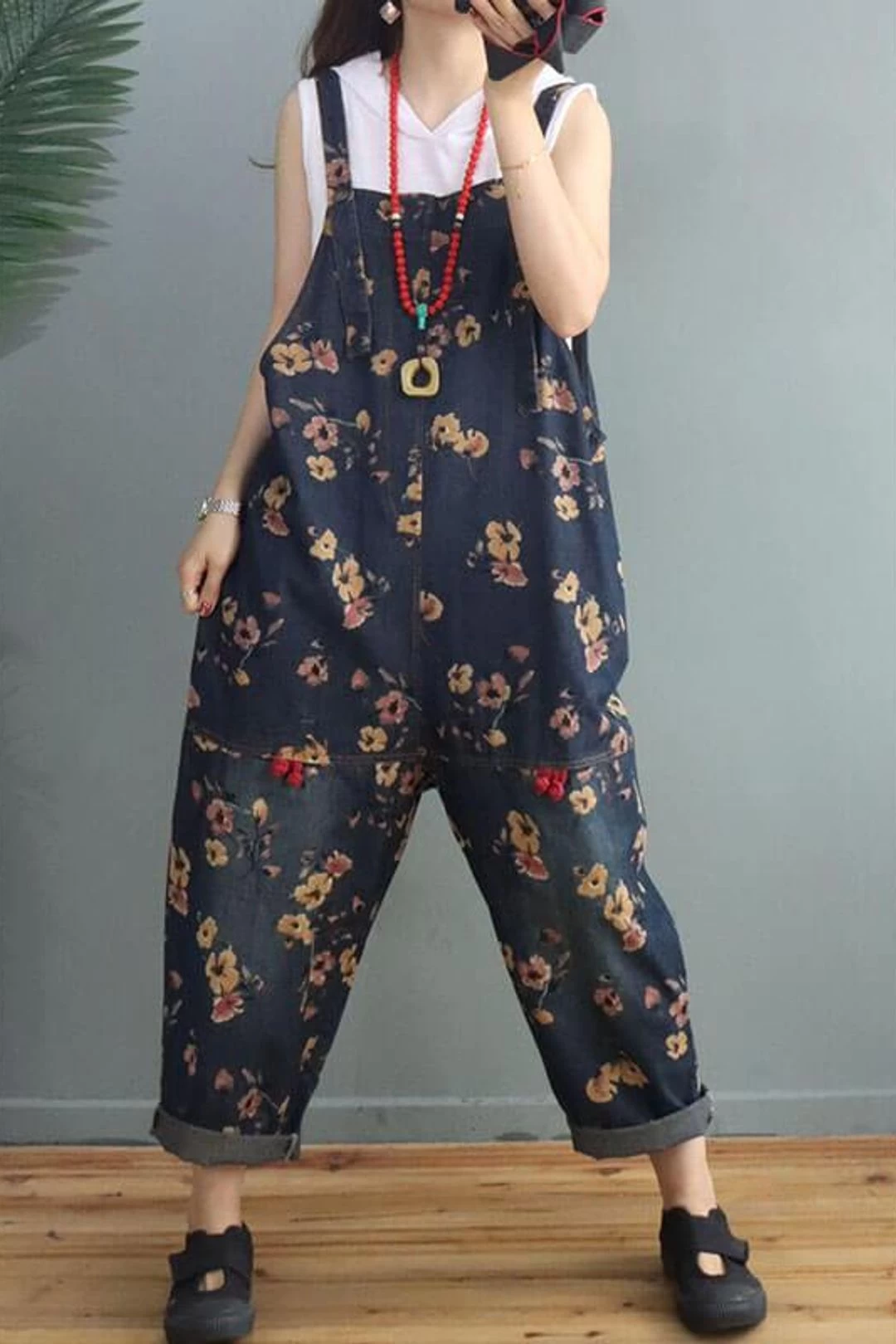 Women Denim Floral Print Pocket Jumpsuits Dungarees 6 Women Denim Floral Print Pocket Jumpsuits Dungarees - Image 4