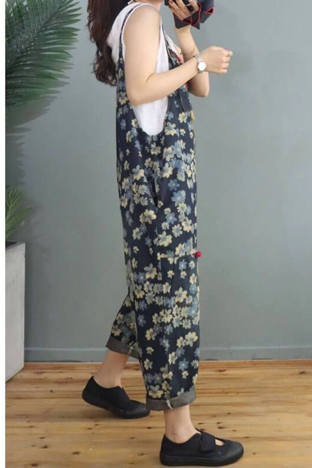 Women Denim Floral Print Pocket Jumpsuits Dungarees 8 Women Denim Floral Print Pocket Jumpsuits Dungarees - Image 6