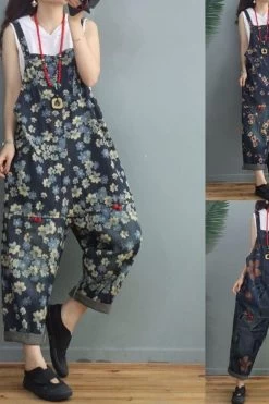 Women Denim Floral Print Pocket Jumpsuits Dungarees