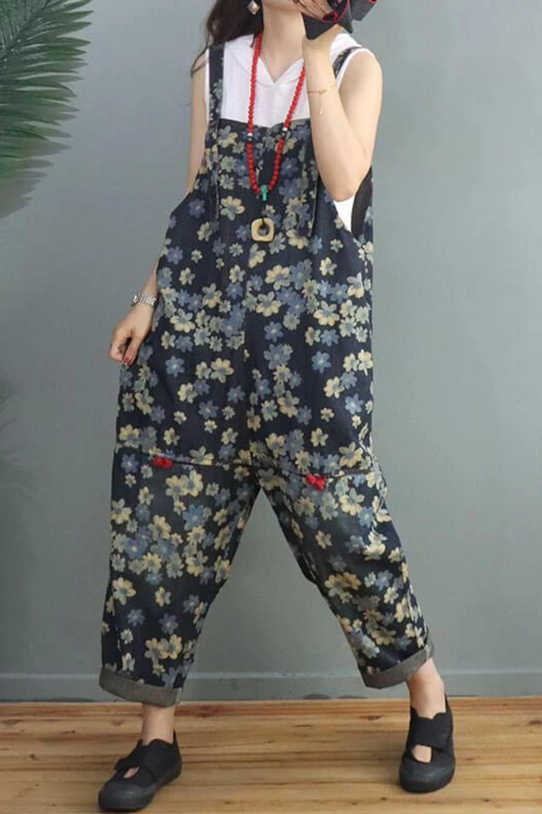 Women Denim Floral Print Pocket Jumpsuits Dungarees 7 Women Denim Floral Print Pocket Jumpsuits Dungarees - Image 5