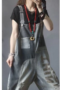 Women Denim Hole Color Spliced Letter Jumpsuits Dungarees -Women's clothing 28091568685118 5