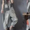 Women Denim Hole Color Spliced Letter Jumpsuits Dungarees
