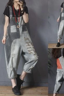 Women Denim Hole Color Spliced Letter Jumpsuits Dungarees