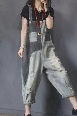 Women Denim Hole Color Spliced Letter Jumpsuits Dungarees -Women's clothing 28091568783422 4
