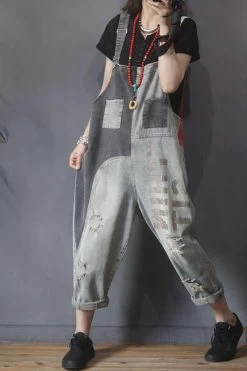 Women Denim Hole Color Spliced Letter Jumpsuits Dungarees -Women's clothing 28091568816190 3