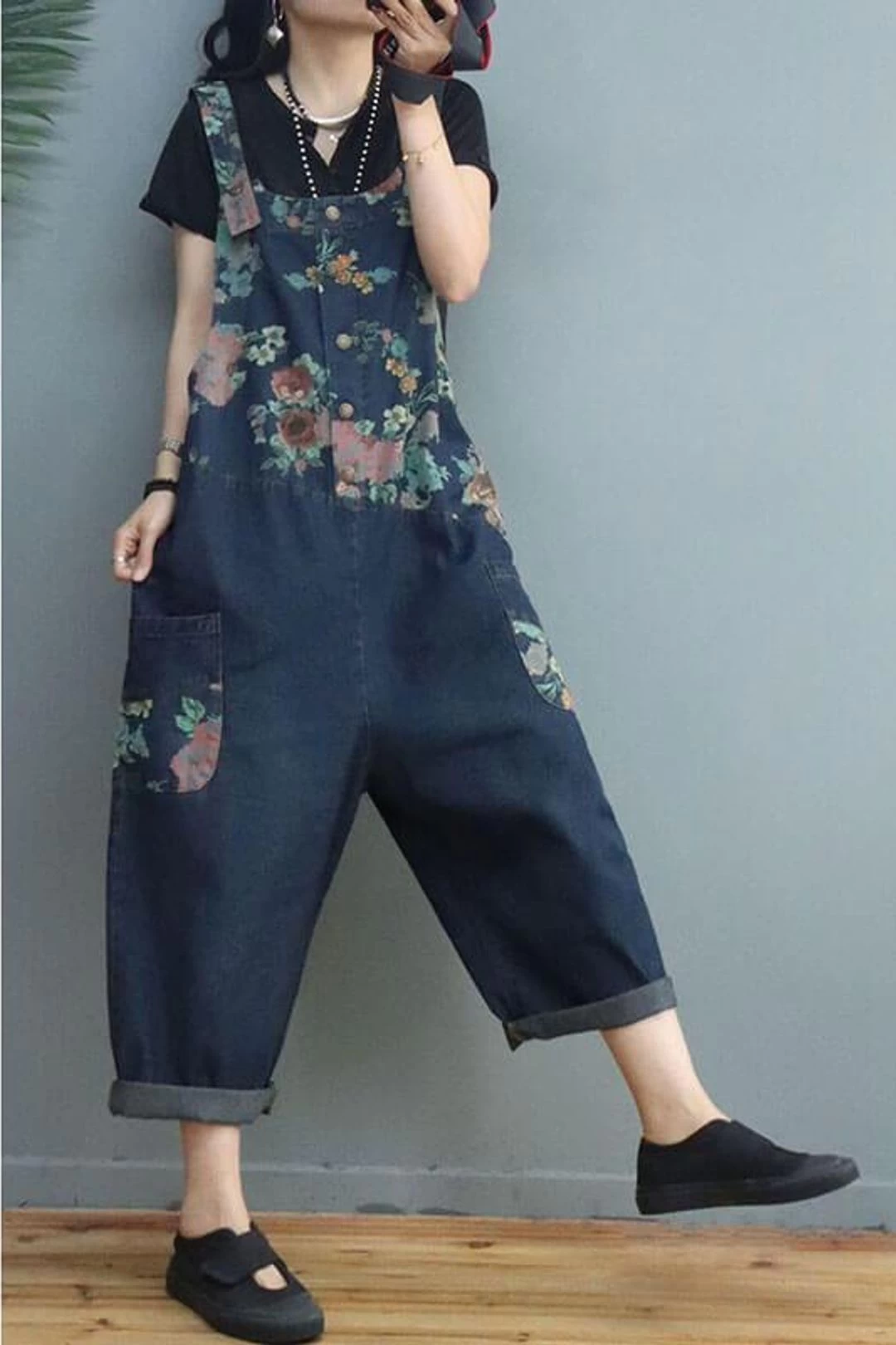 Women Floral Denim Print Pocket Jumpsuits Dungarees 6 Women Floral Denim Print Pocket Jumpsuits Dungarees - Image 4
