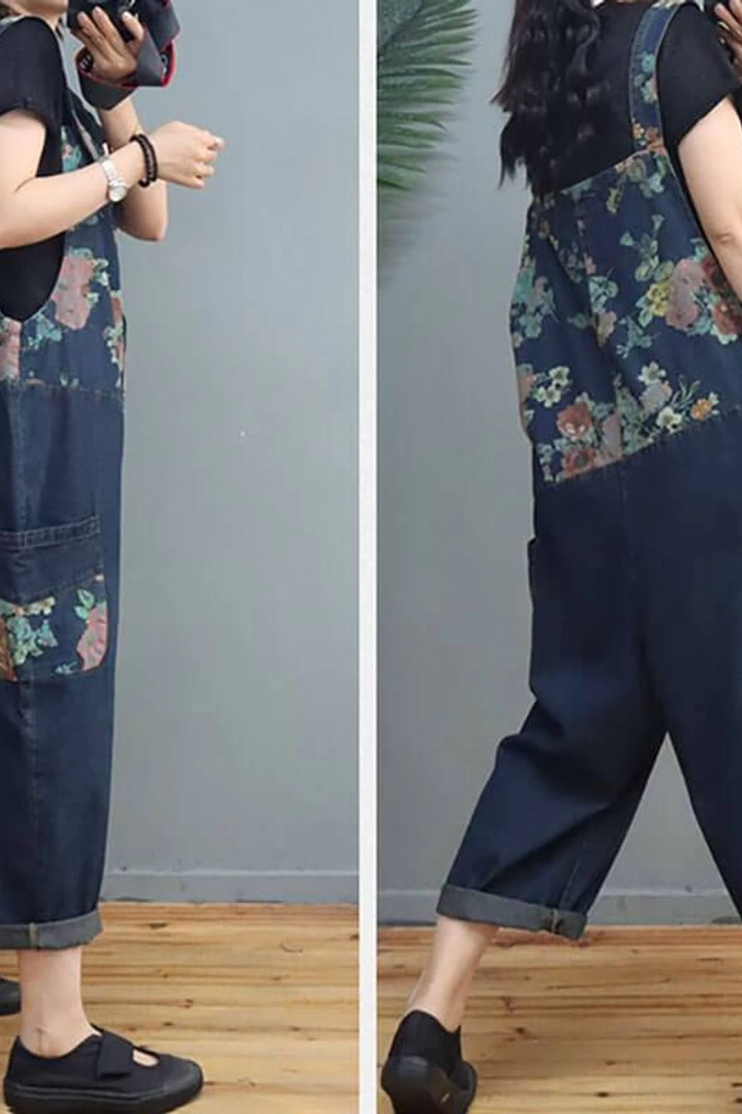 Women Floral Denim Print Pocket Jumpsuits Dungarees 7 Women Floral Denim Print Pocket Jumpsuits Dungarees - Image 5