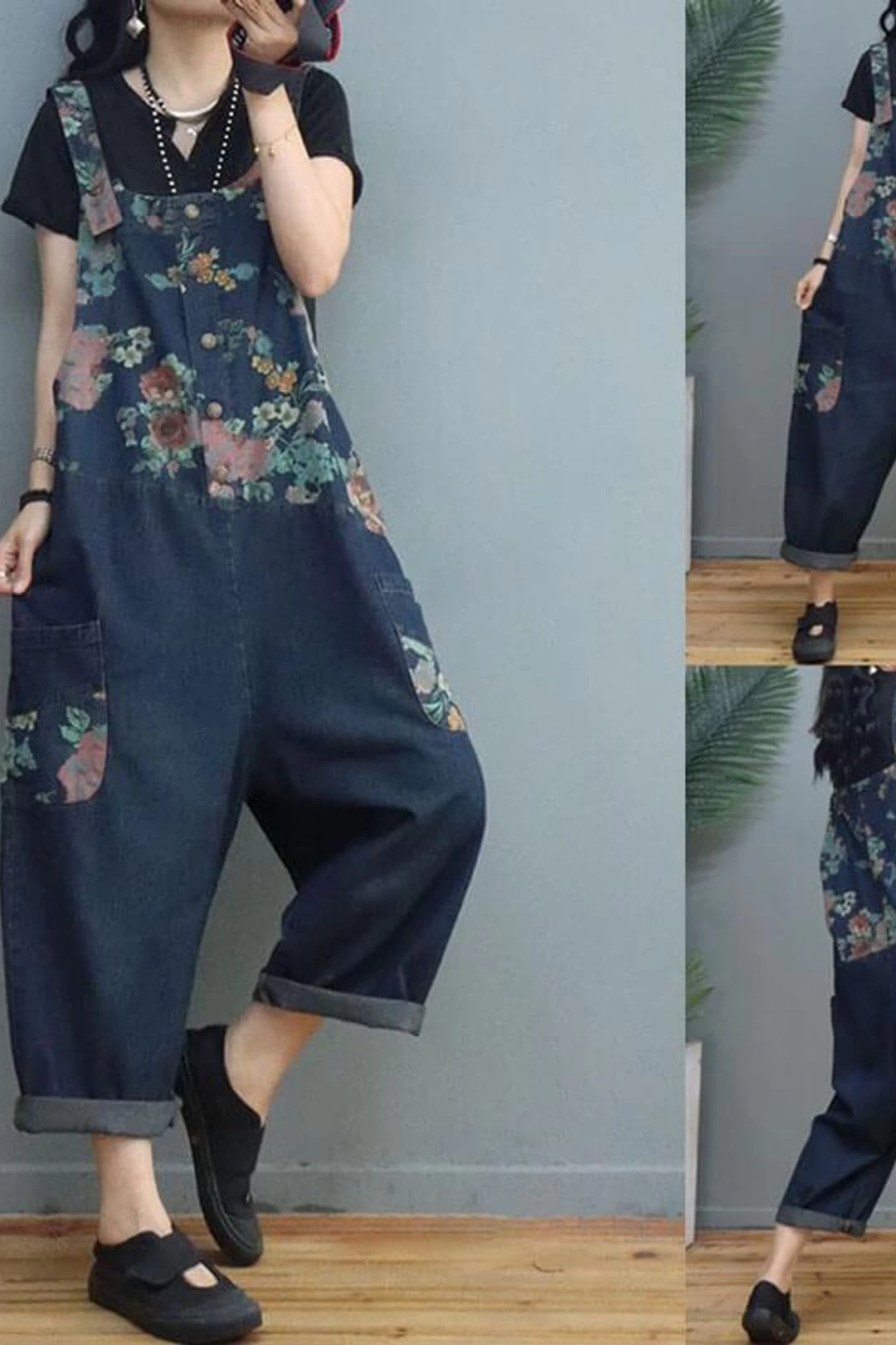 Women Floral Denim Print Pocket Jumpsuits Dungarees 3 Women Floral Denim Print Pocket Jumpsuits Dungarees