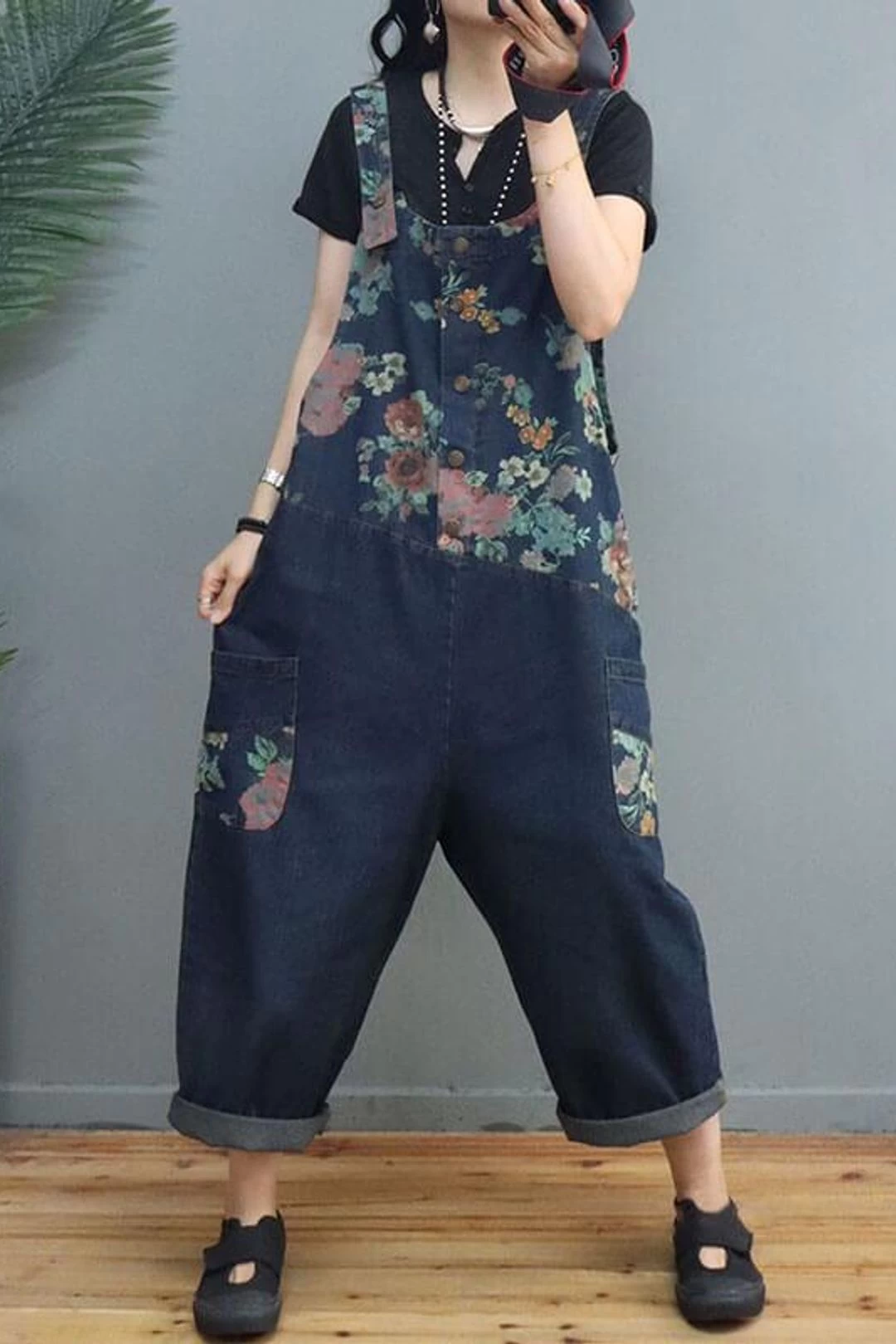 Women Floral Denim Print Pocket Jumpsuits Dungarees 4 Women Floral Denim Print Pocket Jumpsuits Dungarees - Image 2