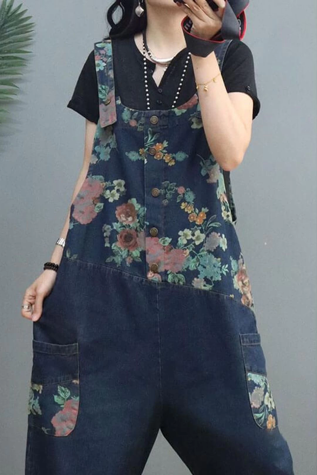 Women Floral Denim Print Pocket Jumpsuits Dungarees 8 Women Floral Denim Print Pocket Jumpsuits Dungarees - Image 6