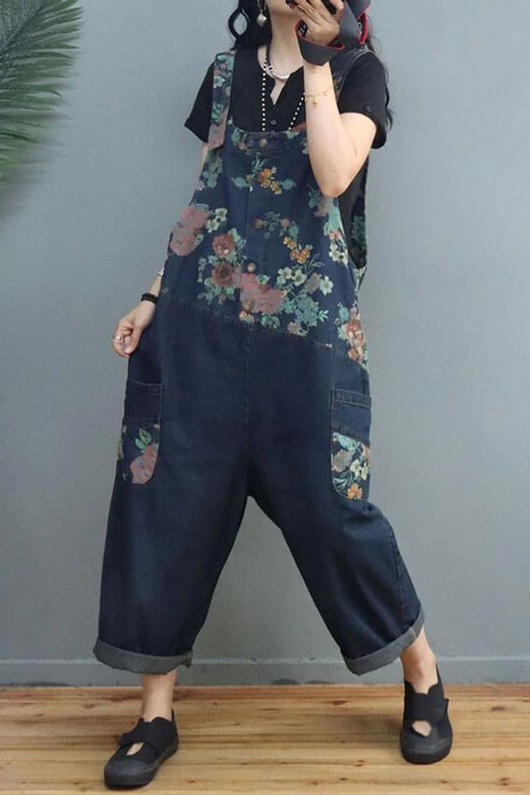 Women Floral Denim Print Pocket Jumpsuits Dungarees 5 Women Floral Denim Print Pocket Jumpsuits Dungarees - Image 3