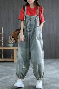 Women Denim Hole Solid Color Jumpsuits Dungarees -Women's clothing 28173550092350 3