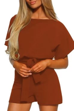 Women Casual Short Sleeves Self-Tie Belted Short Romper Jumpsuits