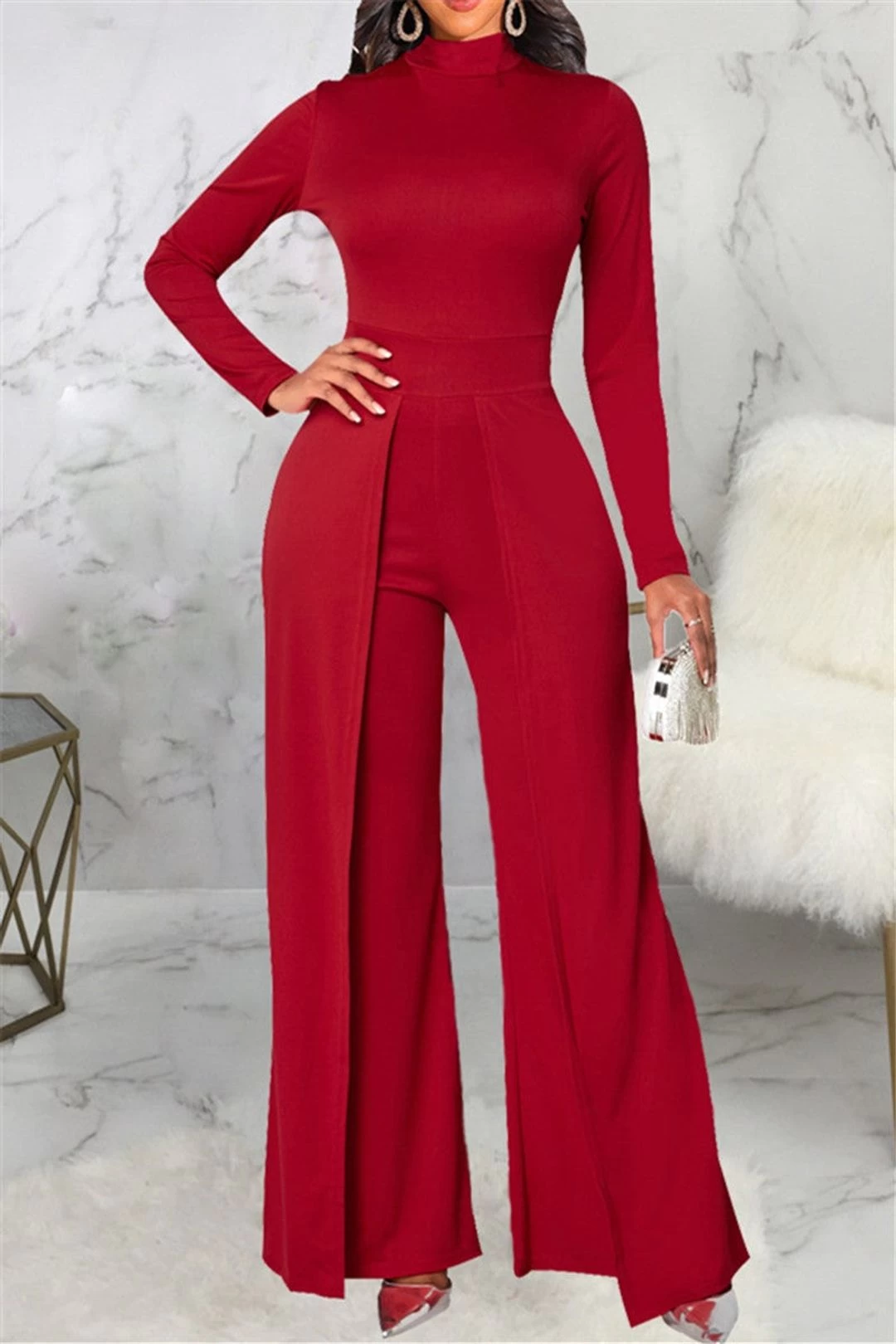 Mock Neck Splicing Fashion Women Jumpsuit 3 Mock Neck Splicing Fashion Women Jumpsuit