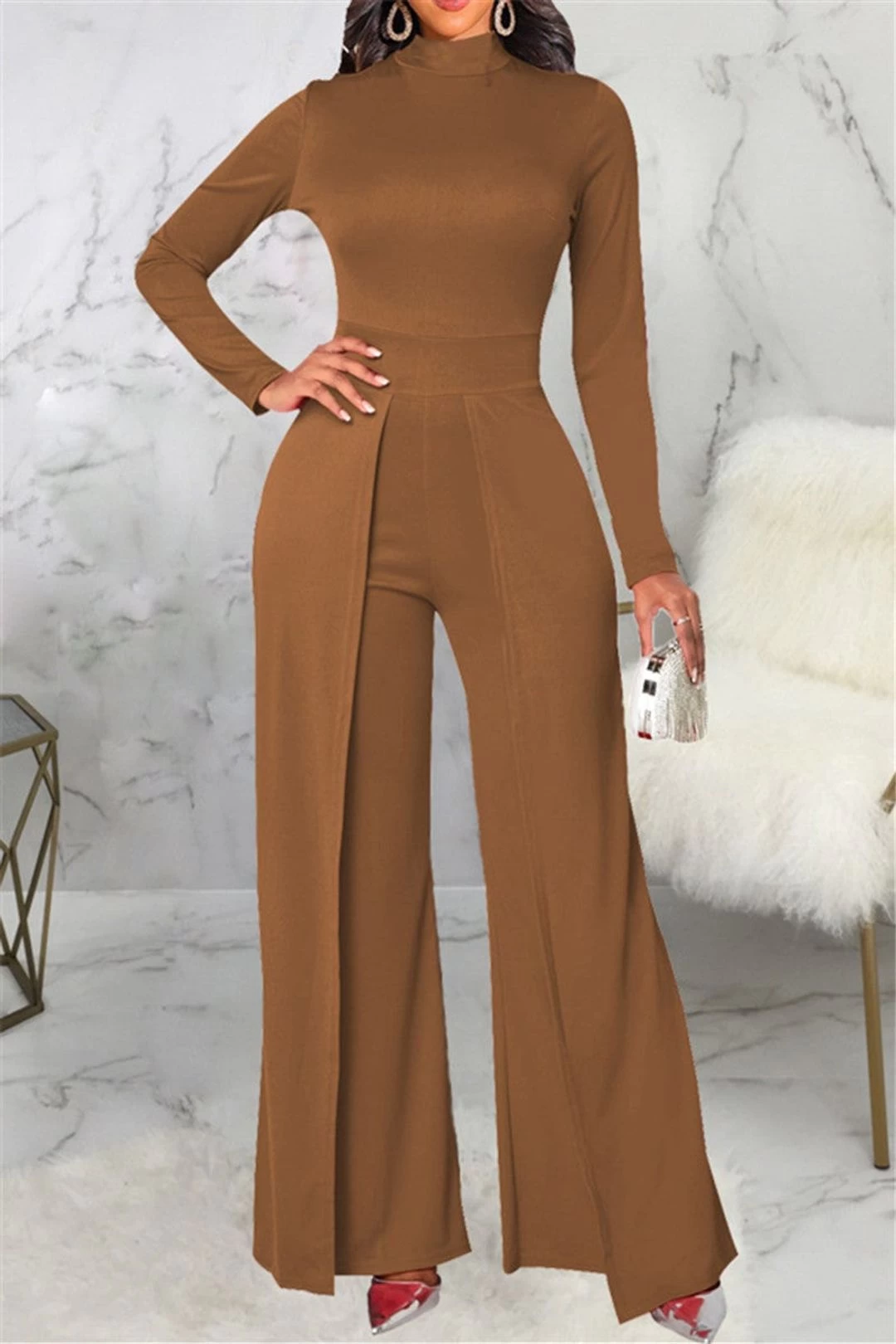 Mock Neck Splicing Fashion Women Jumpsuit 4 Mock Neck Splicing Fashion Women Jumpsuit - Image 2
