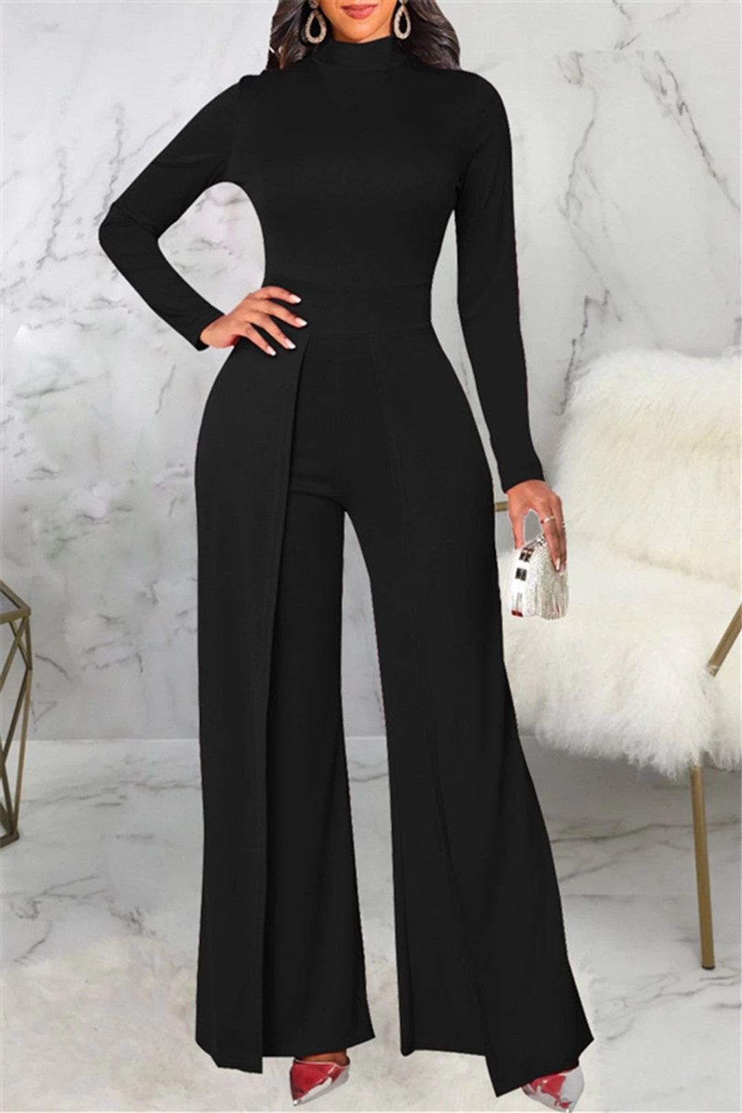Mock Neck Splicing Fashion Women Jumpsuit 5 Mock Neck Splicing Fashion Women Jumpsuit - Image 3