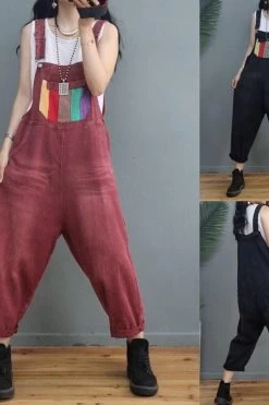 Women Patchwork Denim Cotton Casual Jumpsuits Dungarees