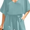 Blue Women Casual Short Sleeves Self-Tie Belted Short Romper Jumpsuits -Women's clothing 28411116060721 1
