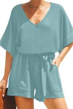Blue Women Casual Short Sleeves Self-Tie Belted Short Romper Jumpsuits