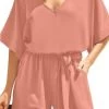 Pink Women Casual Short Sleeves Self-Tie Belted Short Romper Jumpsuits -Women's clothing 28411116585009 1