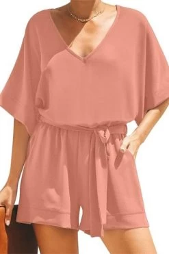 Pink Women Casual Short Sleeves Self-Tie Belted Short Romper Jumpsuits
