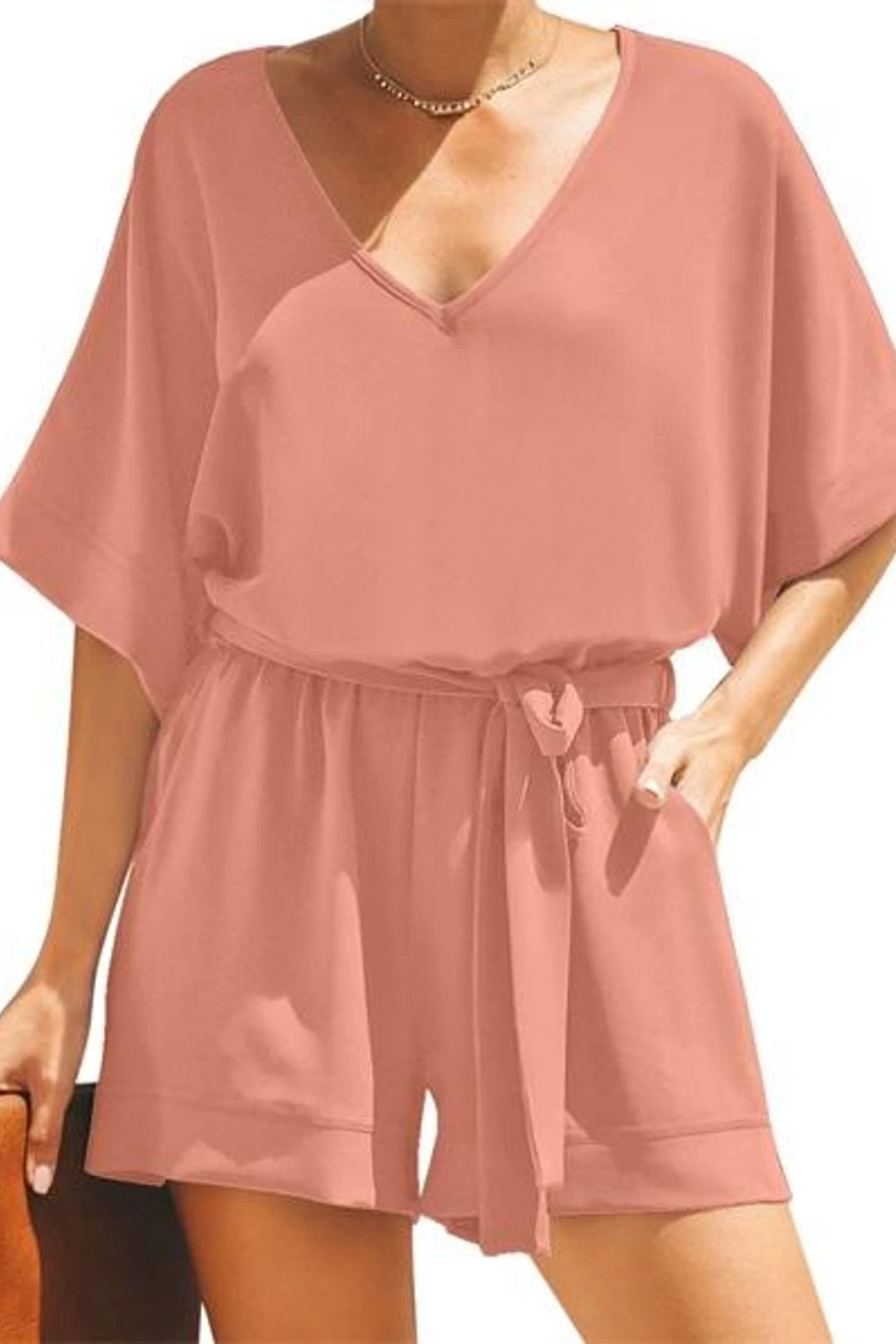 Pink Women Casual Short Sleeves Self-Tie Belted Short Romper Jumpsuits 3 Pink Women Casual Short Sleeves Self-Tie Belted Short Romper Jumpsuits