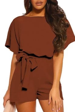 Women Casual Short Sleeves Self-Tie Belted Short Romper Jumpsuits -Women's clothing 28445133045809 7